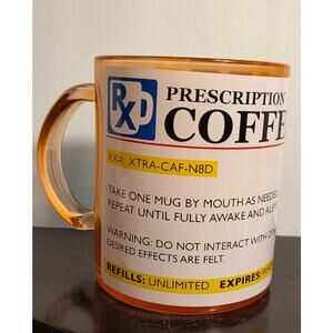Prescription Coffee Mug RX Novelty Caffeine Cup Funny Pharmacy Label Amber Glass